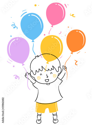 Kid Boy Happy Balloons Illustration