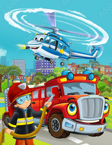 cartoon scene with fireman vehicle on the road driving through the city and fireman standing near by - illustration for children