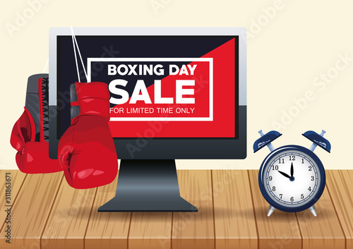 boxing day sale poster with desktop and alarm clock