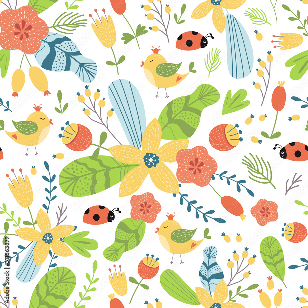 Hand drawn flower pattern. Summer floral seamless background Graphic prints pattern Bright texture Vector
