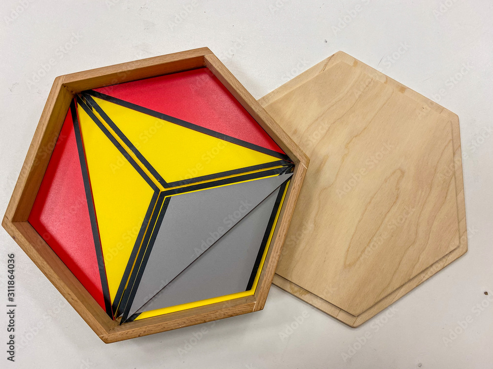 montessori material design triangles # 4 big hexagonal box Stock Photo