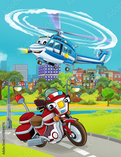 cartoon scene with fireman vehicle on the road - illustration for children