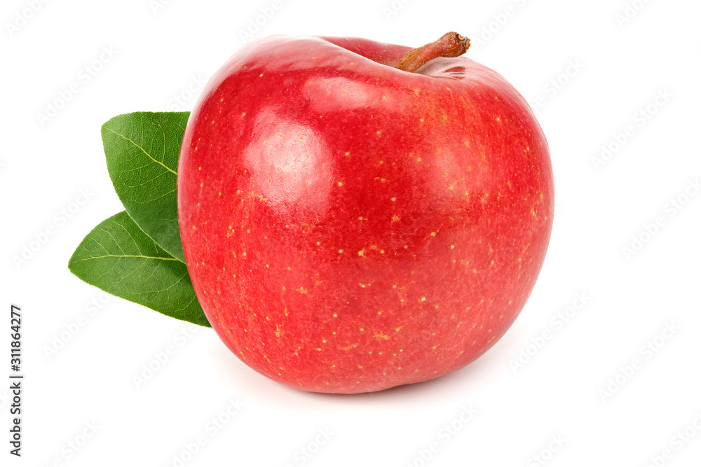 one red apple with green leaves isolated on white background one red apple with green leaves isolated on white background