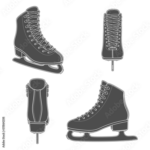 Set of black and white images with skates for figure skating. Isolated vector objects on a white background.