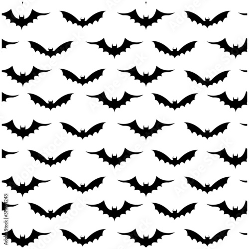 Black bats swarm isolated on vector Halloween background. Silhouettes of flying bats. Seamless pattern with bats. Wallpaper  print  packaging  paper  textile design. Vector illustration.