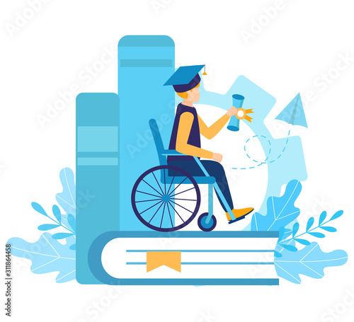 A disabled boy student in a wheelchair graduated from university. Certificate of qualification. Graduation cap. inclusive and disability education or distance learning. Flat vector illustration