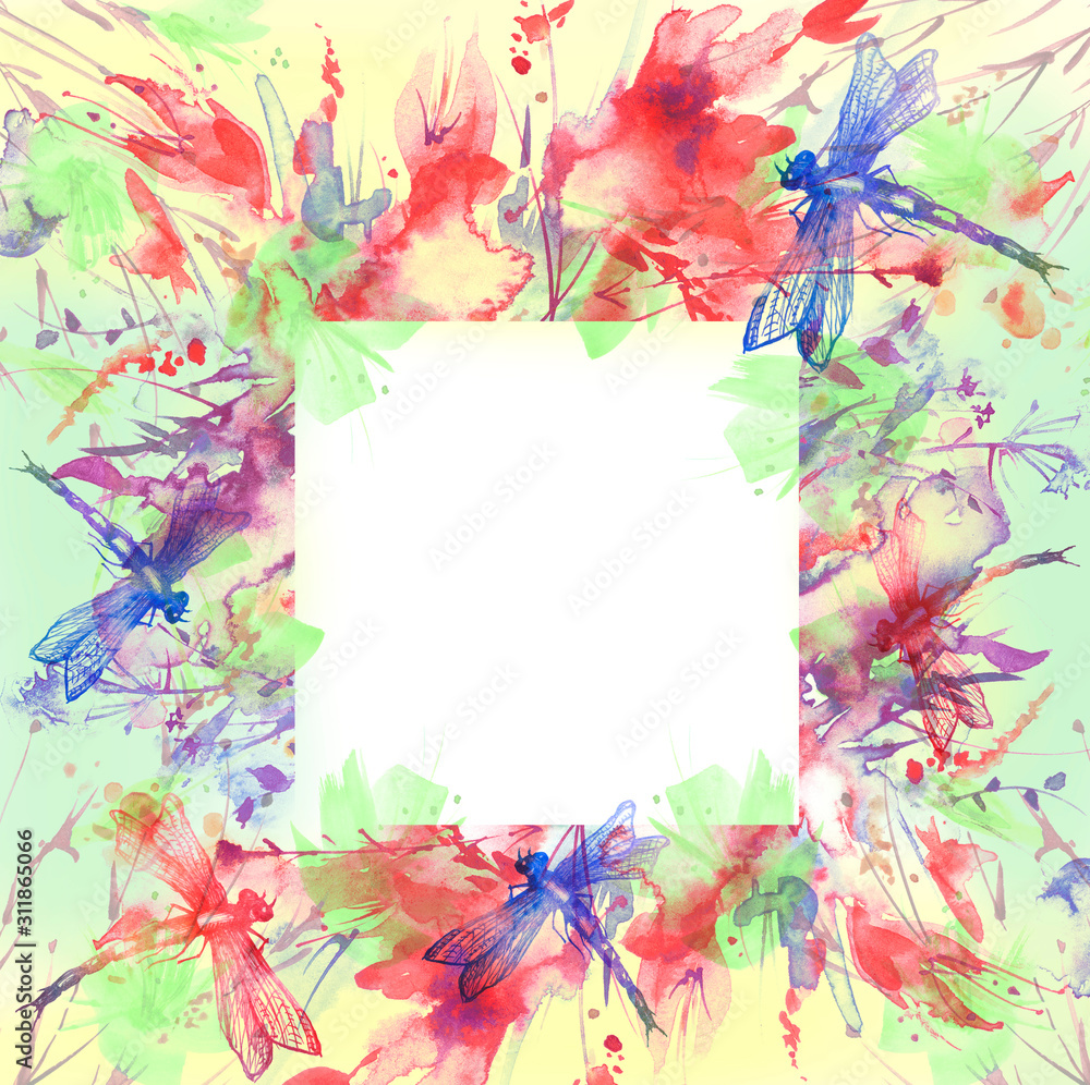Watercolor bouquet of flowers, Beautiful abstract splash of paint, fashion illustration. Orchid flowers, red poppy, cornflower, gladiolus, peony, rose, garden flowers. Dragonfly is flying. Easter Watercolor bouquet of flowers, Beautiful abstract splash of paint, fashion illustration. Orchid flowers, red poppy, cornflower, gladiolus, peony, rose, garden flowers. Dragonfly is flying. Easter