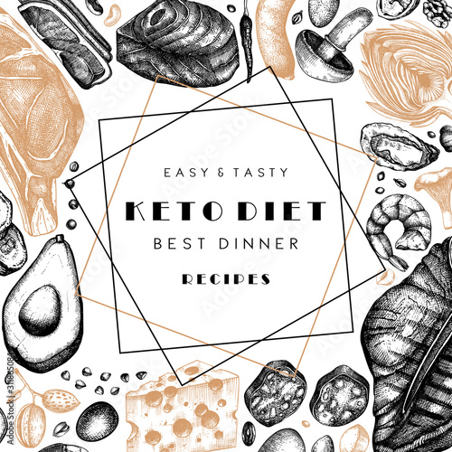 Ketogenic diet frame template. Hand drawn organic food and dairy products sketches. Keto diet wreath design - meat, vegetables, grains, nuts, mushrooms. Perfect for menu, recipes, banner, flyer.