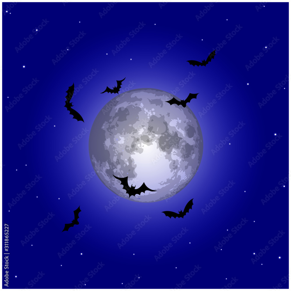 Vector Halloween background with illustration of flying bats over moon. Happy halloween party. Spooky halloween background with scary bats on full moon background. Full moon night spruce forest. Vector Halloween background with illustration of flying bats over moon. Happy halloween party. Spooky halloween background with scary bats on full moon background. Full moon night spruce forest.