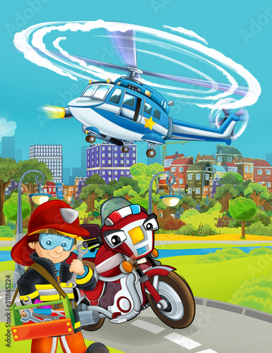 cartoon scene with fireman vehicle on the road - illustration for children