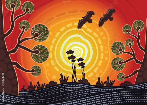 Tree on the hill, An illustration based on aboriginal style of background depicting nature.