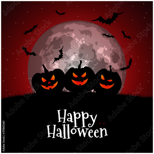 Vector Halloween background with illustration of flying bats over moon. Happy halloween party. Spooky halloween background with scary bats on full moon background. Full moon night spruce forest.