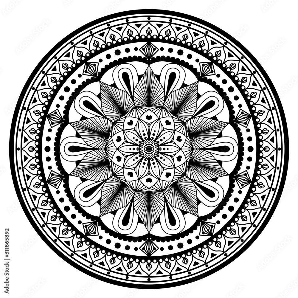 Hand drawing simple black floral mandala on the white background.