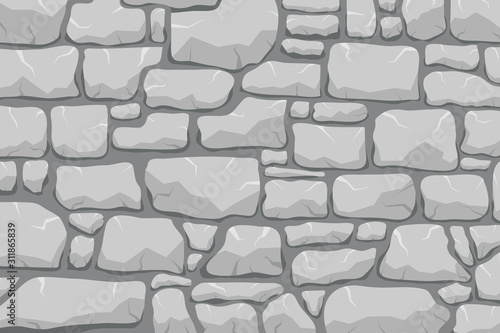 Stone work. Masonry made of old stone. Set of stones of different shapes and colors. Vector, cartoon illustration.