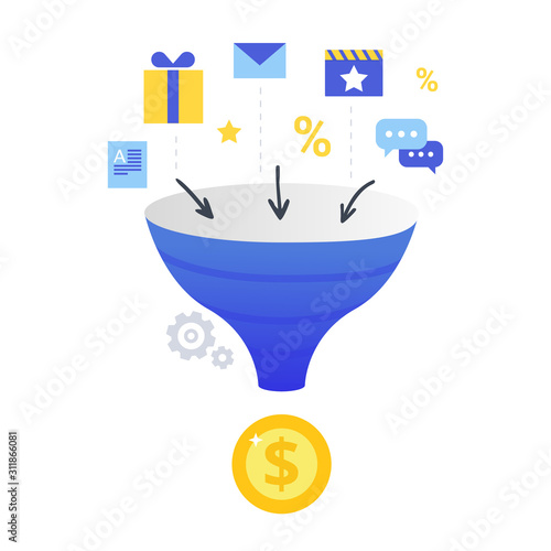 Lead Conversion vector illustration. Internet marketing conversion. The process of using bonuses, discounts, gifts to attract customers to the sales funnel and make a profit.