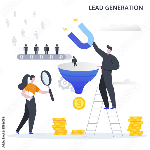 Lead Generation business process. The process of attracting potential customers to the sales funnel and profit from conversion. Flat vector illustration.