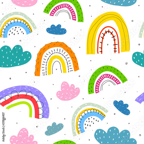 Seamless pattern with cartoon rainbows, clouds, decor elements. Colorful vector illustration for kids. Hand drawing flat style. baby design for print, fabric, wrapper, textile