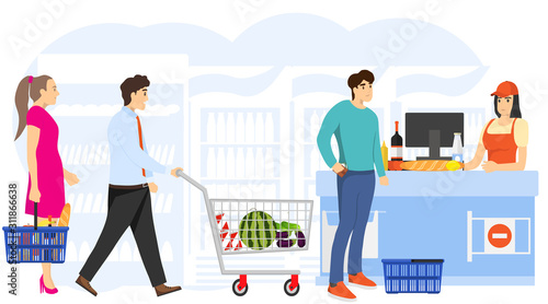 Buyers stand in line at the supermarket near the checkout. A group of mini characters of people standing in line at the grocery store with purchases.