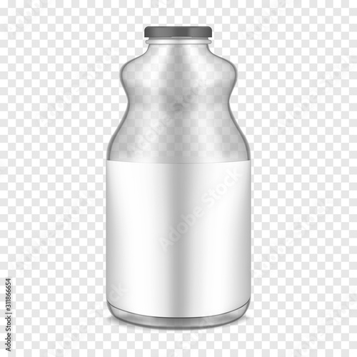 Clear glass bottle with lid and blank label on transparent background, vector mockup. Empty packaging container for juice, milk and other drinks, mock-up