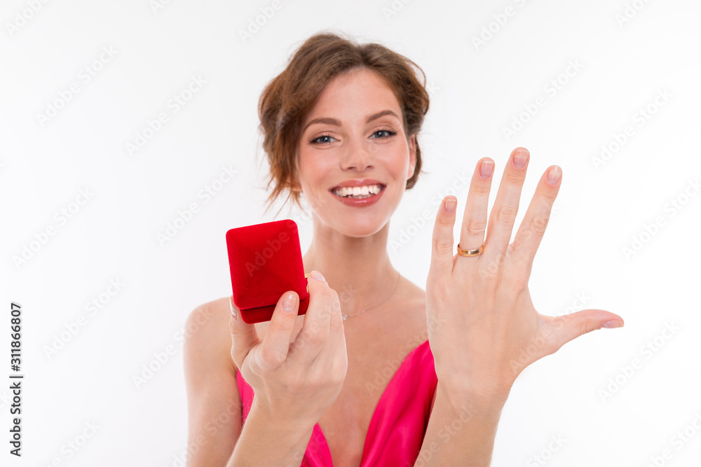 Beautiful caucasian woman acceps marriage proposal and rejoices, picture isolated on white background Beautiful caucasian woman acceps marriage proposal and rejoices, picture isolated on white background