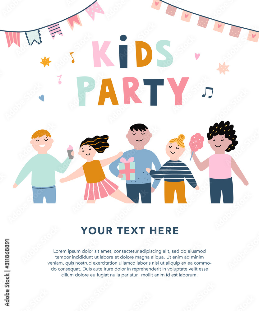 Kids party vector template. Children's birthday celebration concept. Multicultural people, girls and boys funny illustration card Kids party vector template. Children's birthday celebration concept. Multicultural people, girls and boys funny illustration card
