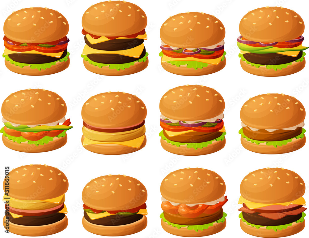 Vector illustration of various burgers isolated on white background Vector illustration of various burgers isolated on white background