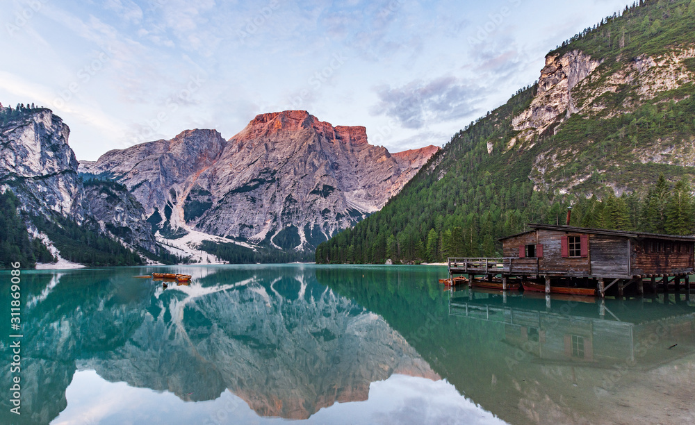 Panorama of Lake Braies with the Dolomites