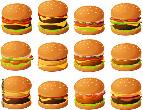 Vector illustration of various burgers isolated on white background