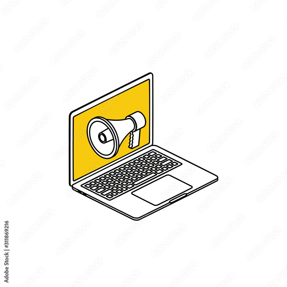 Laptop shout stock. Vector line, 3d stroke isometric, color web icon, new flat style. Creative illustration design, abstract idea for infographics. Laptop shout stock. Vector line, 3d stroke isometric, color web icon, new flat style. Creative illustration design, abstract idea for infographics.