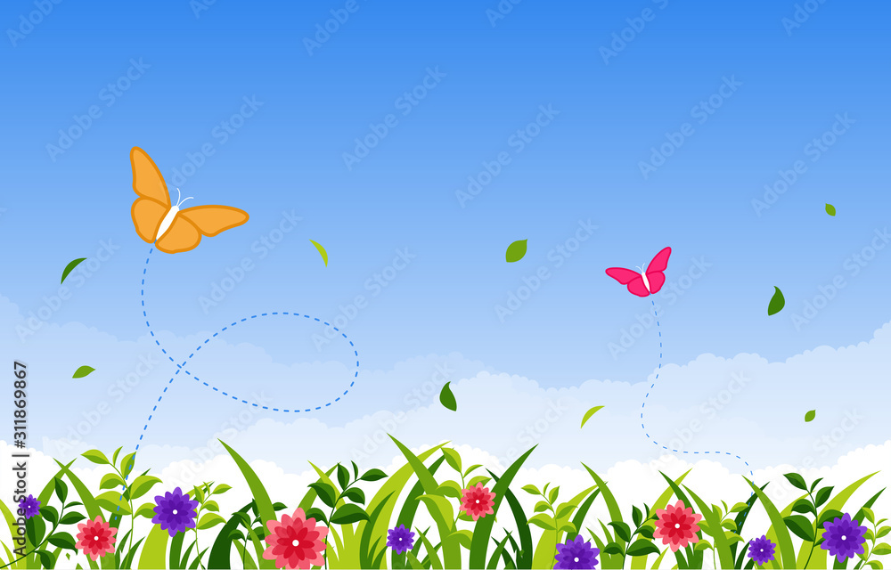 Summer Spring Blooming Flower Nature with Butterfly Park Background