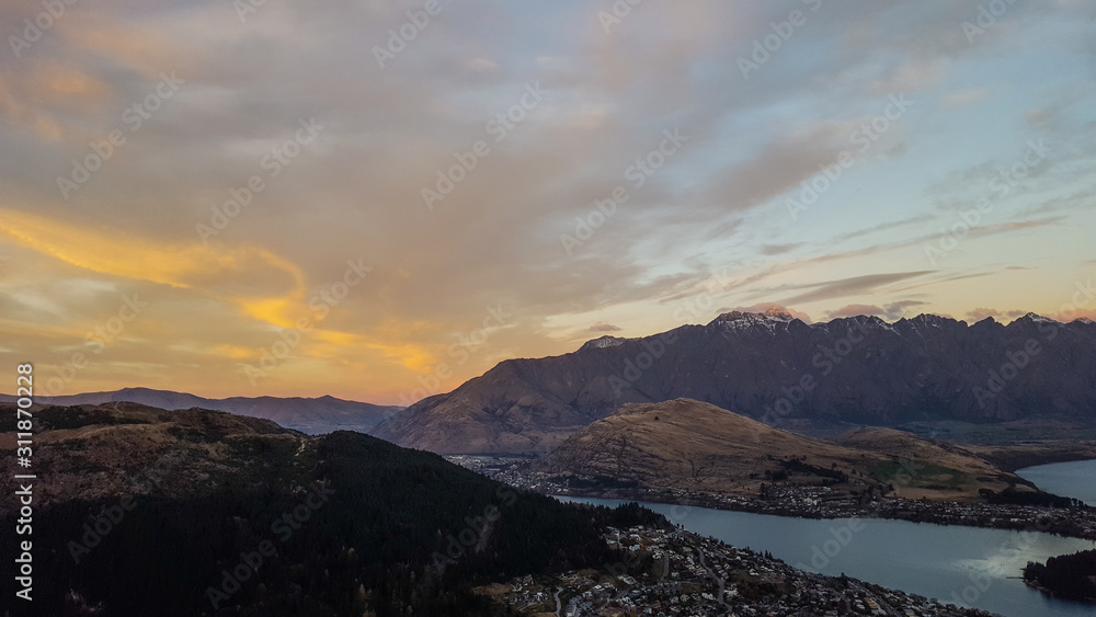 Looking down at Queenstown with beautiful lake from top of mountain