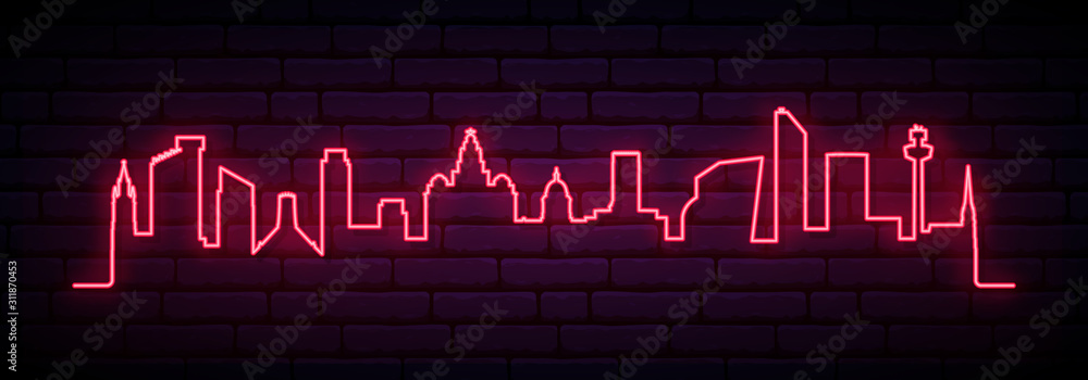 Fototapeta Red neon skyline of Liverpool city. Bright Liverpool long banner. Vector illustration.