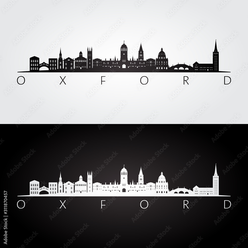 Oxford skyline and landmarks silhouette, black and white design, vector illustration.