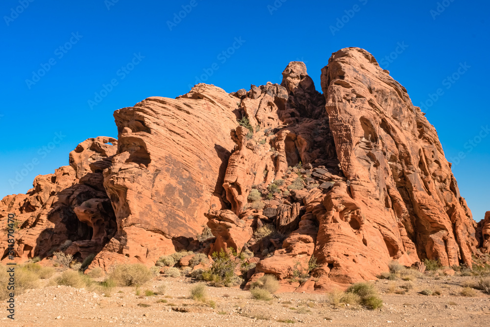 The unique red sandstone rock formations in Valley of Fire State park, Nevada, USA