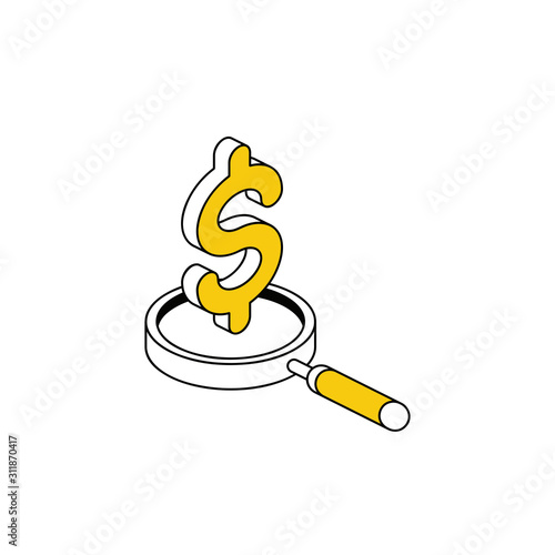 Magnifier dollar search analytics. Vector line, 3d stroke isometric, color web icon, new flat style. Creative illustration design, abstract idea for infographics.