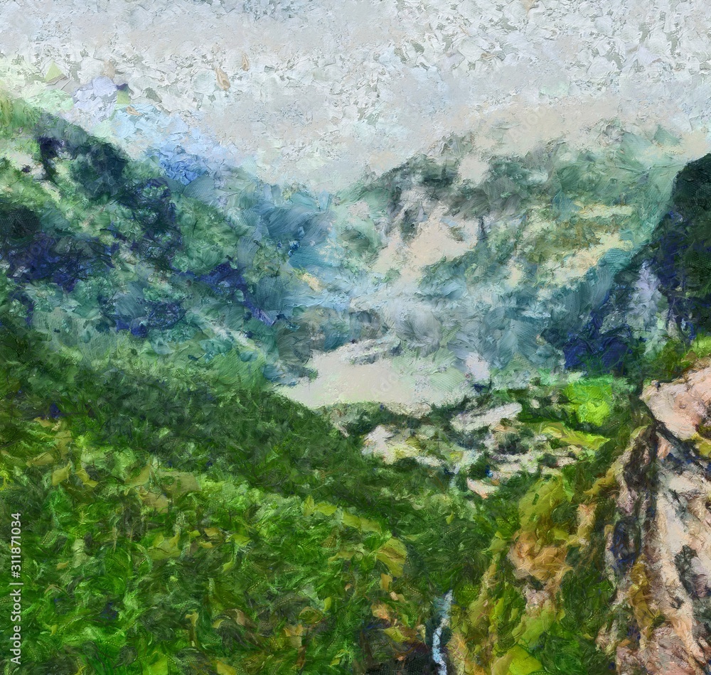 Fototapeta premium Bright mountains landscape painting in oil style. Print art in big size wall decor. Digital artwork. Tourism scene. Great nature power. Large pint strokes on canvas. 