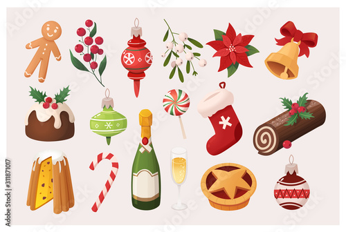 Set of colorful Christmas ornaments icons. Vector images for various designs