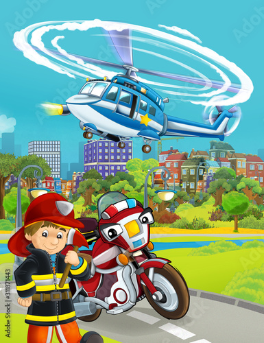 cartoon scene with fireman vehicle on the road - illustration for children