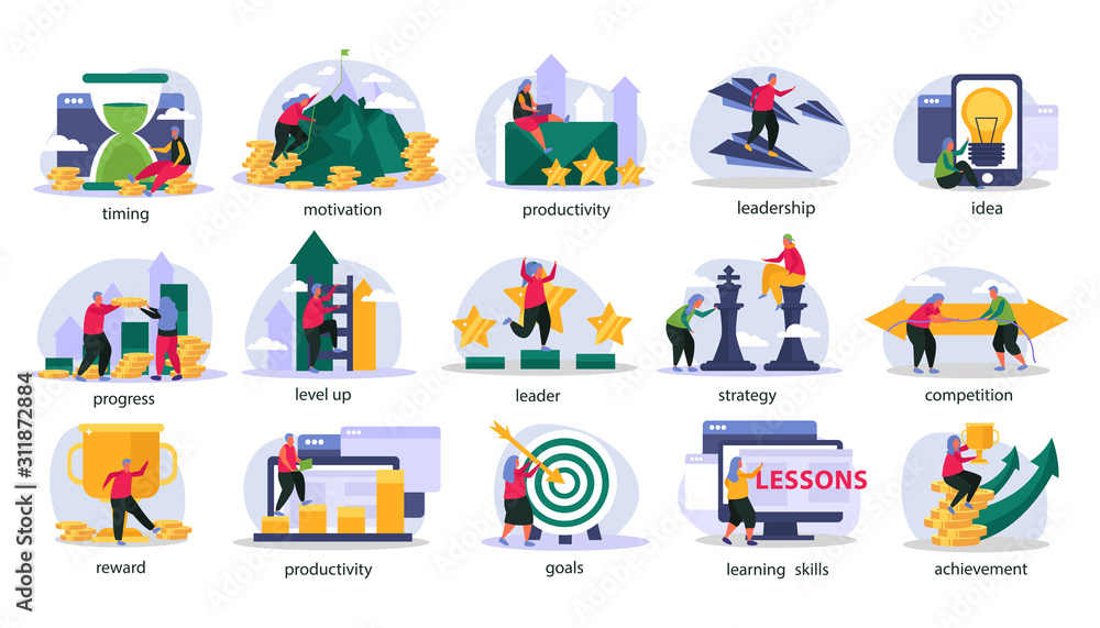 Fototapeta premium Business Gamification Recolor Icons Set