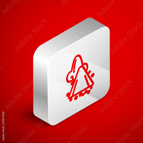 Isometric line Runny nose icon isolated on red background. Rhinitis symptoms, treatment. Nose and sneezing. Nasal diseases. Silver square button. Vector Illustration
