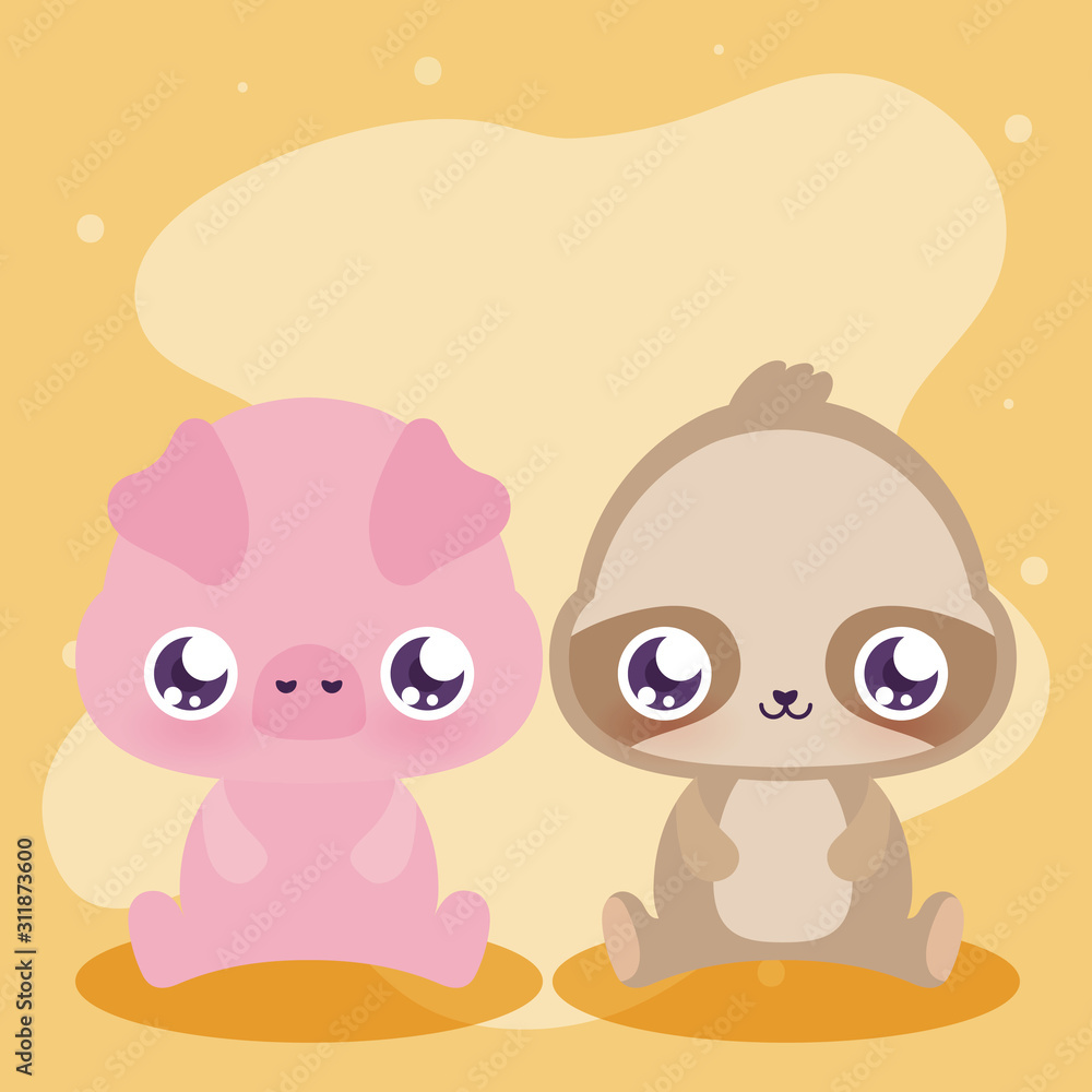 Cute sloth and pig cartoon vector design Cute sloth and pig cartoon vector design