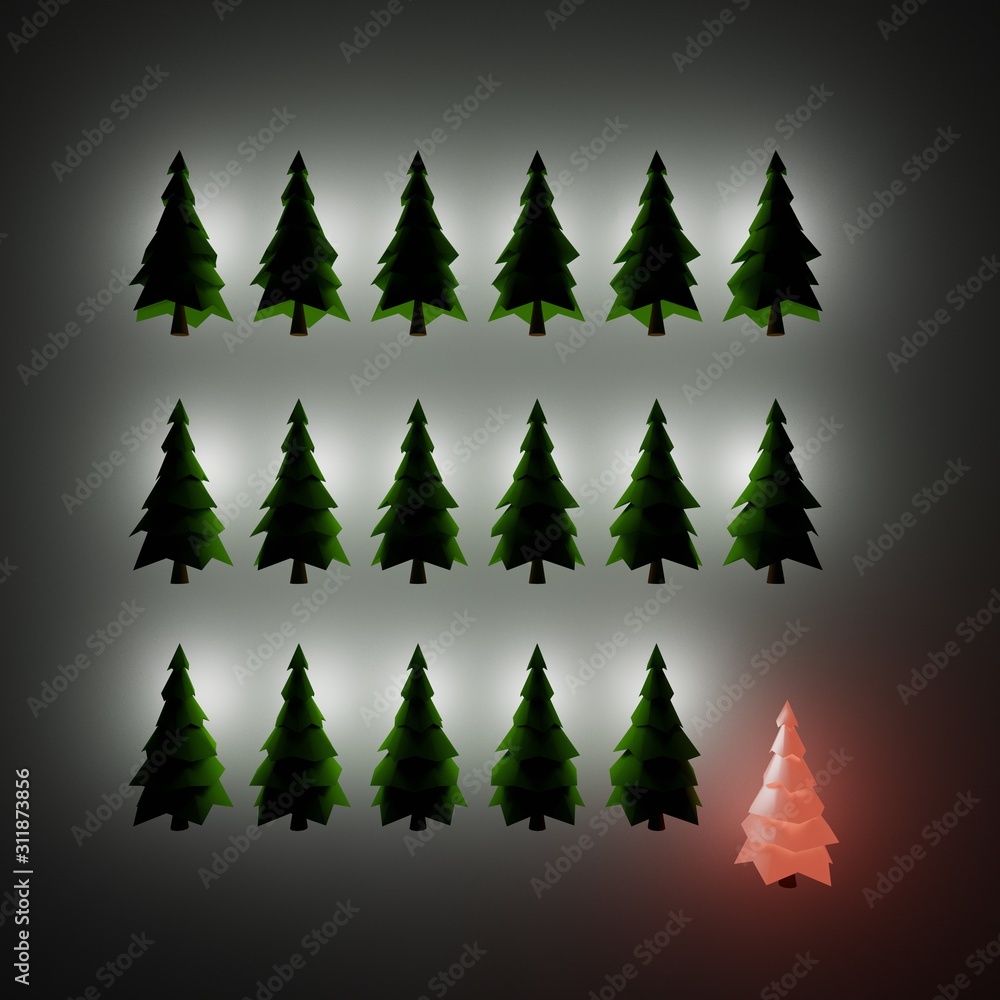 Rows of fir trees on white background, 3D rendering