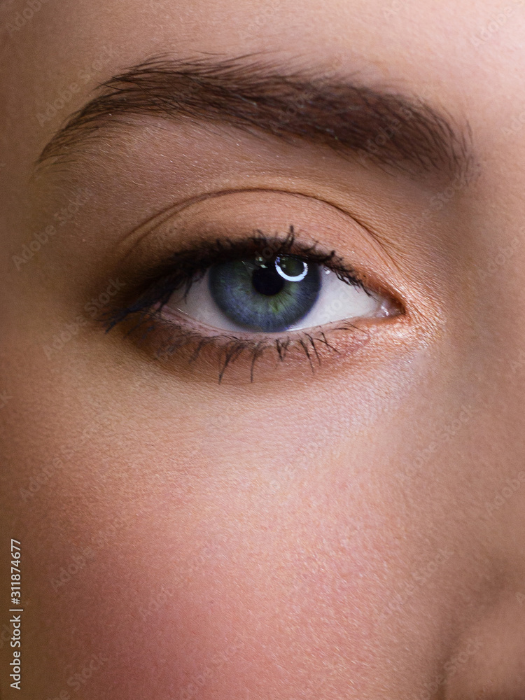 Beautiful macro shot of female blue eye with extreme long eyelashes and smoky makeup. Perfect eyebrows and long lashes. Cosmetics and make-up. Closeup macro shot of fashion eyes visage Beautiful macro shot of female blue eye with extreme long eyelashes and smoky makeup. Perfect eyebrows and long lashes. Cosmetics and make-up. Closeup macro shot of fashion eyes visage