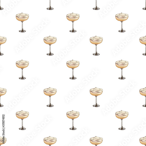 Vector food illustration in pastel colors. Colorful hand drawn seamless pattern with popular drinks isolated on white. Positive sweet fashion fabric print with desserts. Polka dot endless texture.