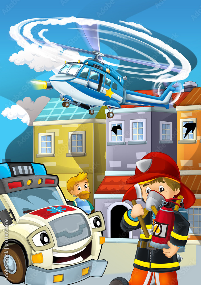 Naklejka premium cartoon stage with fireman fire fighting near some building smoking - illustration for children