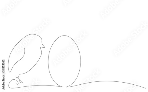 Easter egg and chiken continuous line drawing, vector illustration