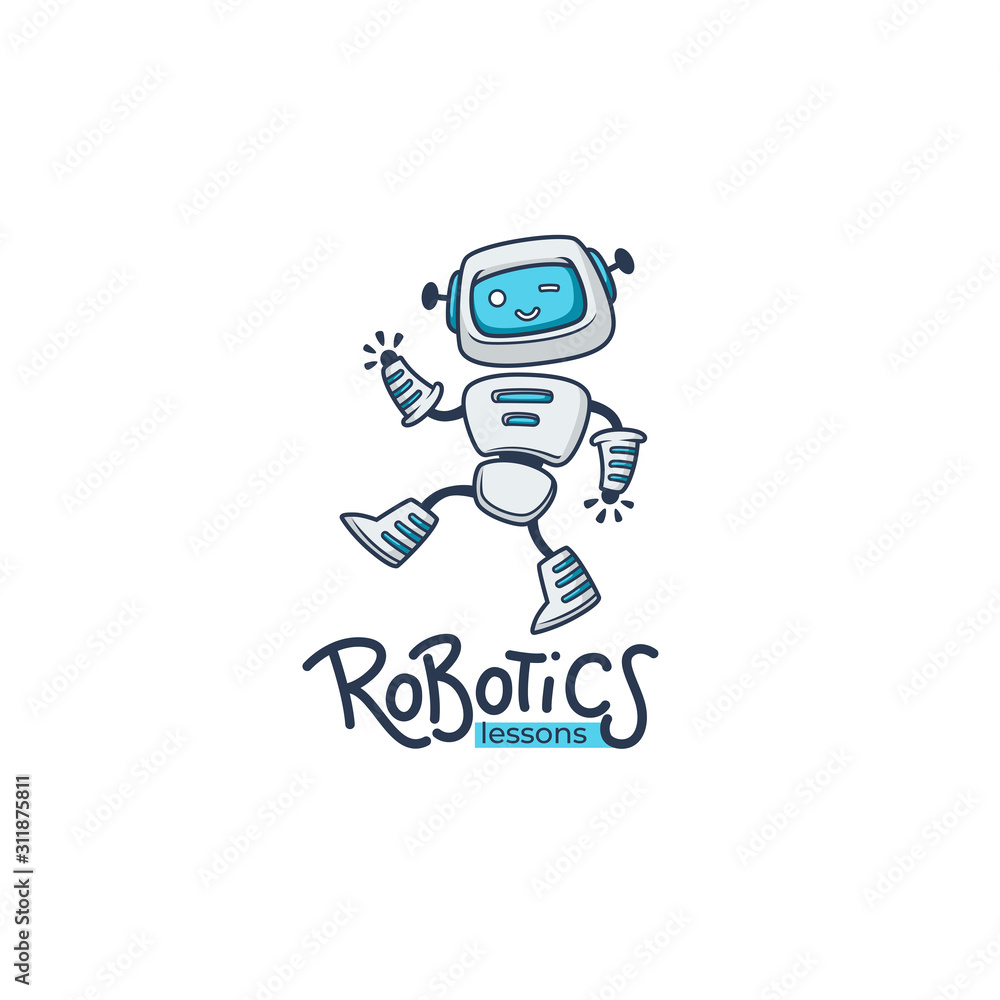 cute little robot for your robotic lessons and sducational program, vector logo template with lettering composition cute little robot for your robotic lessons and sducational program, vector logo template with lettering composition
