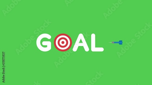 Animation of goal word with bulls eye and dart hit the target, green background.