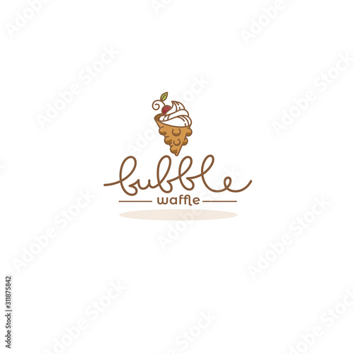 Hong Kong bubble waffle logo template, doodle style illustration with lettering composition
