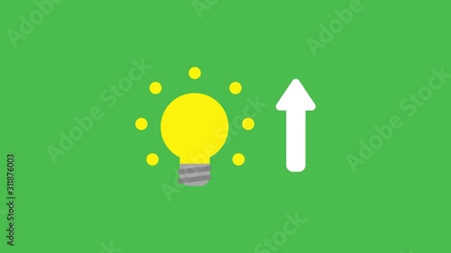 Animation of glowing yellow light bulb with arrow moving up, green background.